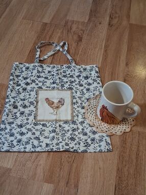 Vintage Floral Rooster Bag, Coffee Mug, Crocheted Coaster